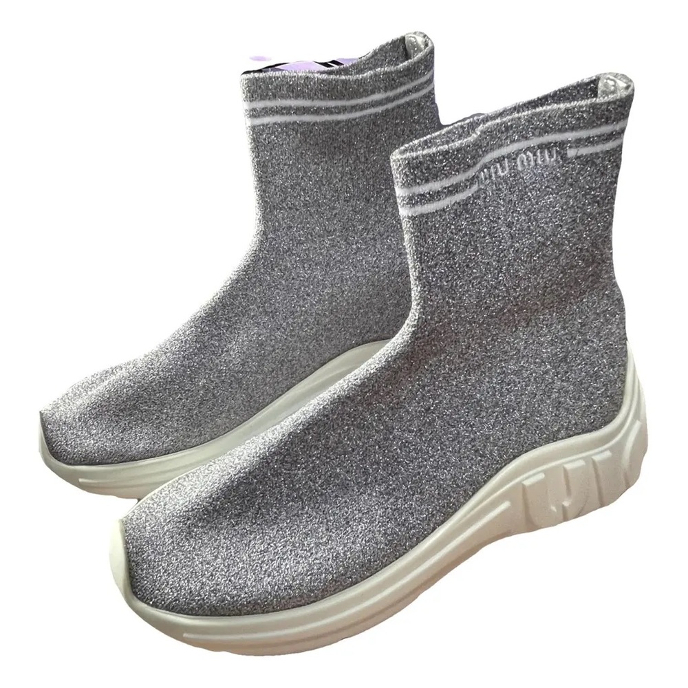 MIU MIU Silver Knit Lurex Fabric Sock Sneakers